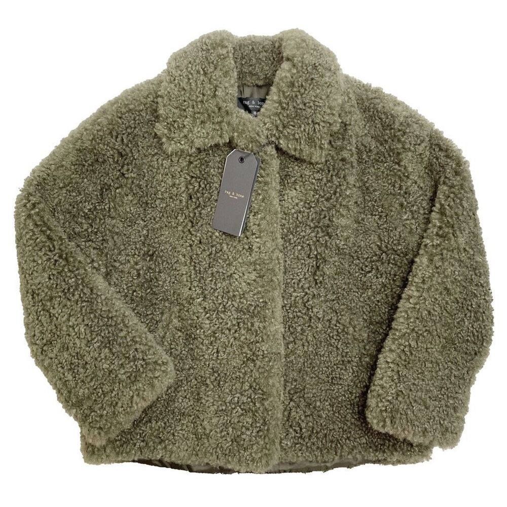 Rag & Bone Hesper Faux Fur Shearling Coat Button Front Army Green XS NWT